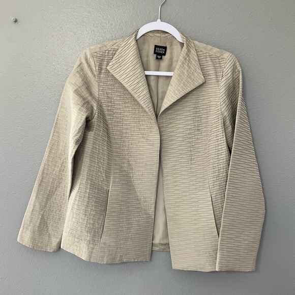Eileen Fisher Cream Silk Textured Open Front Cardigan Jacket sz XS T07 - Picture 1 of 7